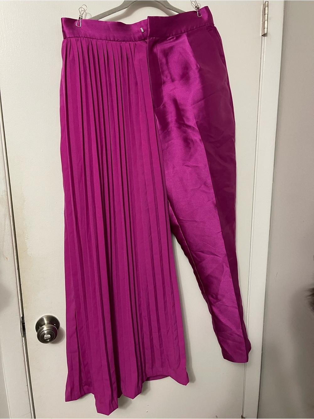 Pleated Asymmetric Wide-Leg Trousers in Magenta